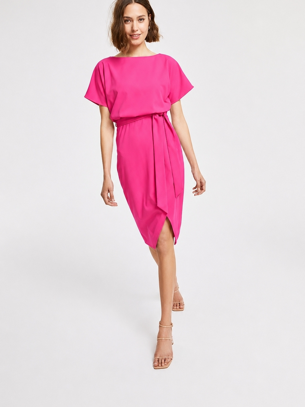 Kensie Hot Pink Tie-Waist Midi Dress